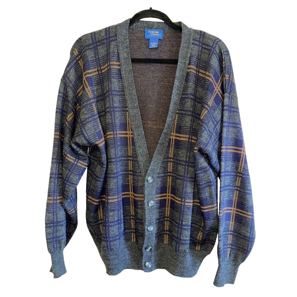 Mens Cambridge Classics Wool Plaid Grandpa Geek Italy Large Button Vtg Sweater